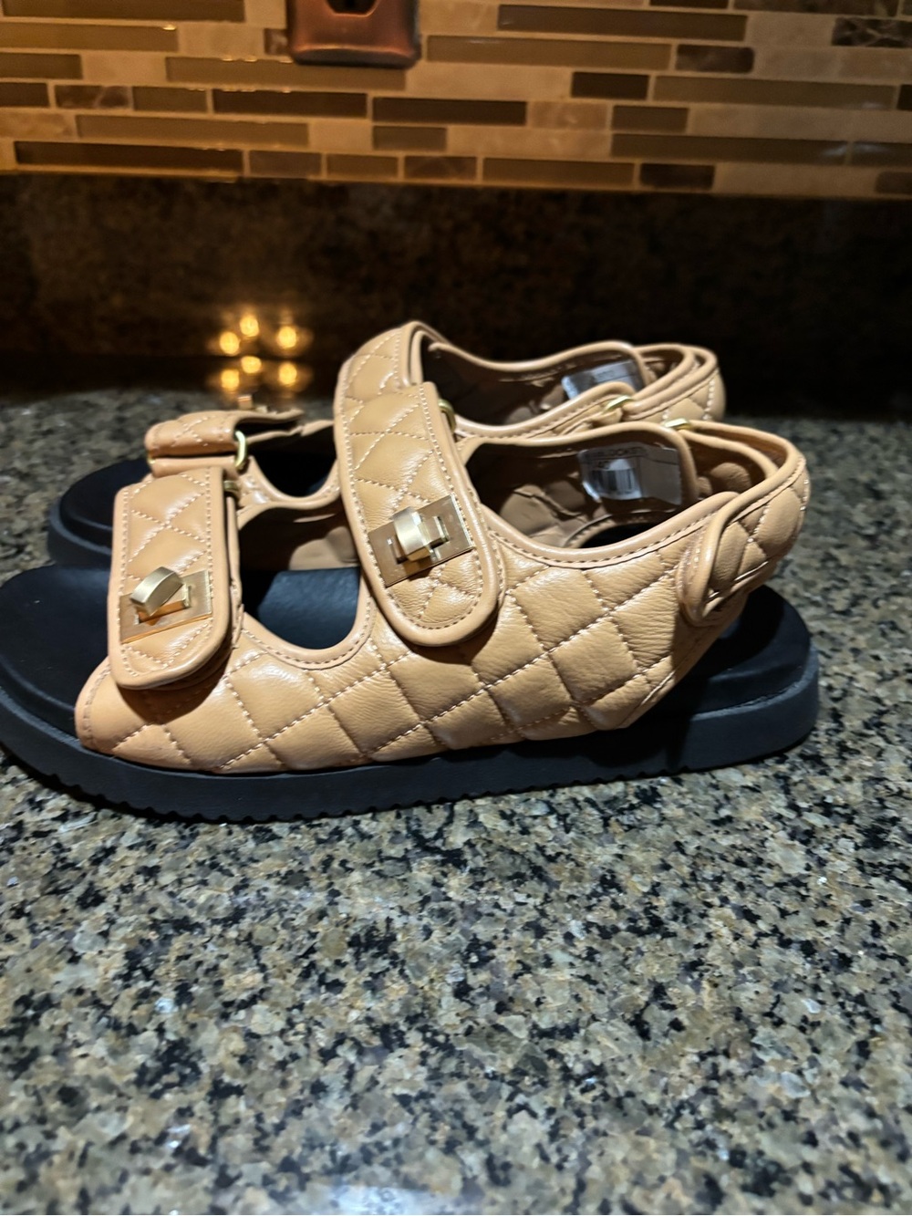Dune London lockkstock camel double-strap quilted sandals
